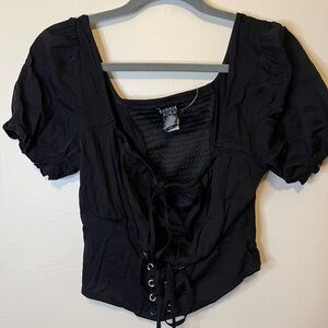 Cosmic Aura Black Lace-Up Puff Sleeve Crop Top